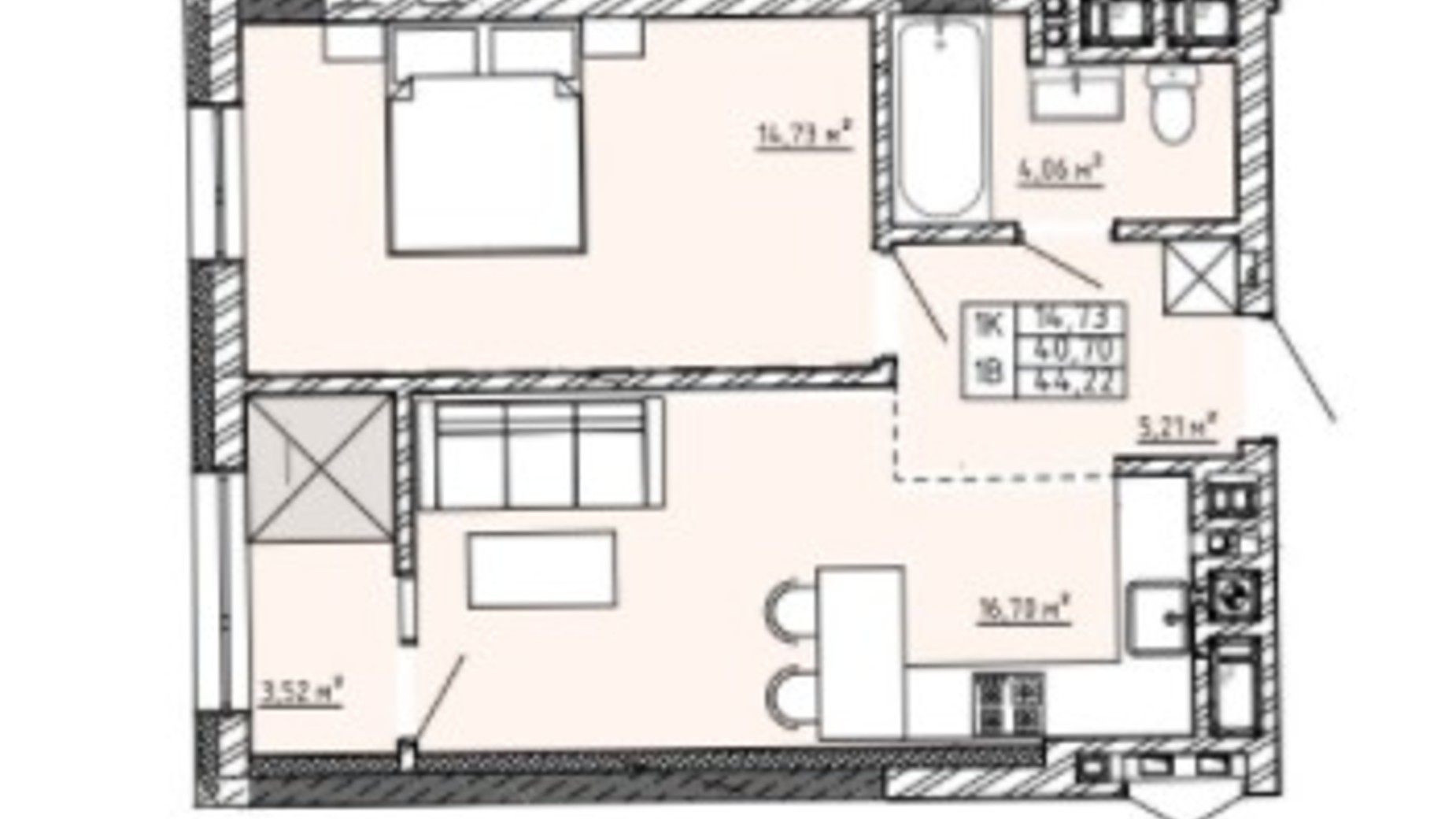 Планування 1-кімнатної квартири в ЖК Family House  44.22 м², фото 319018