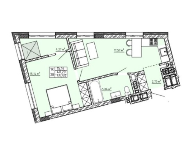 ЖК Family House : планування 1-кімнатної квартири 44.4 м²