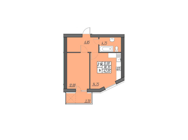 ЖК Best Village Байковцы: планировка 1-комнатной квартиры 42.05 м²