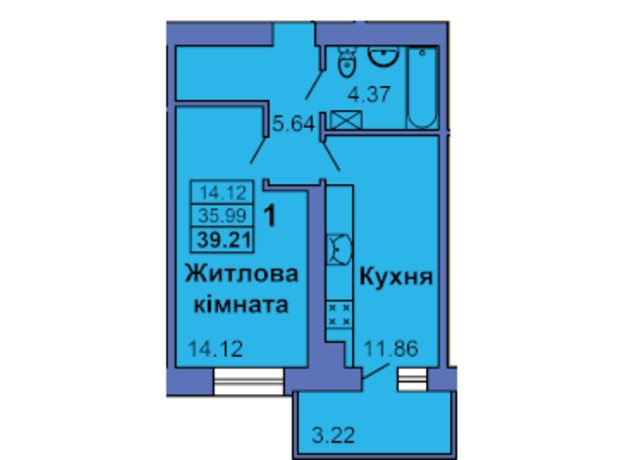 ЖК ул. Героев Украины, 6а: планировка 1-комнатной квартиры 39.21 м²