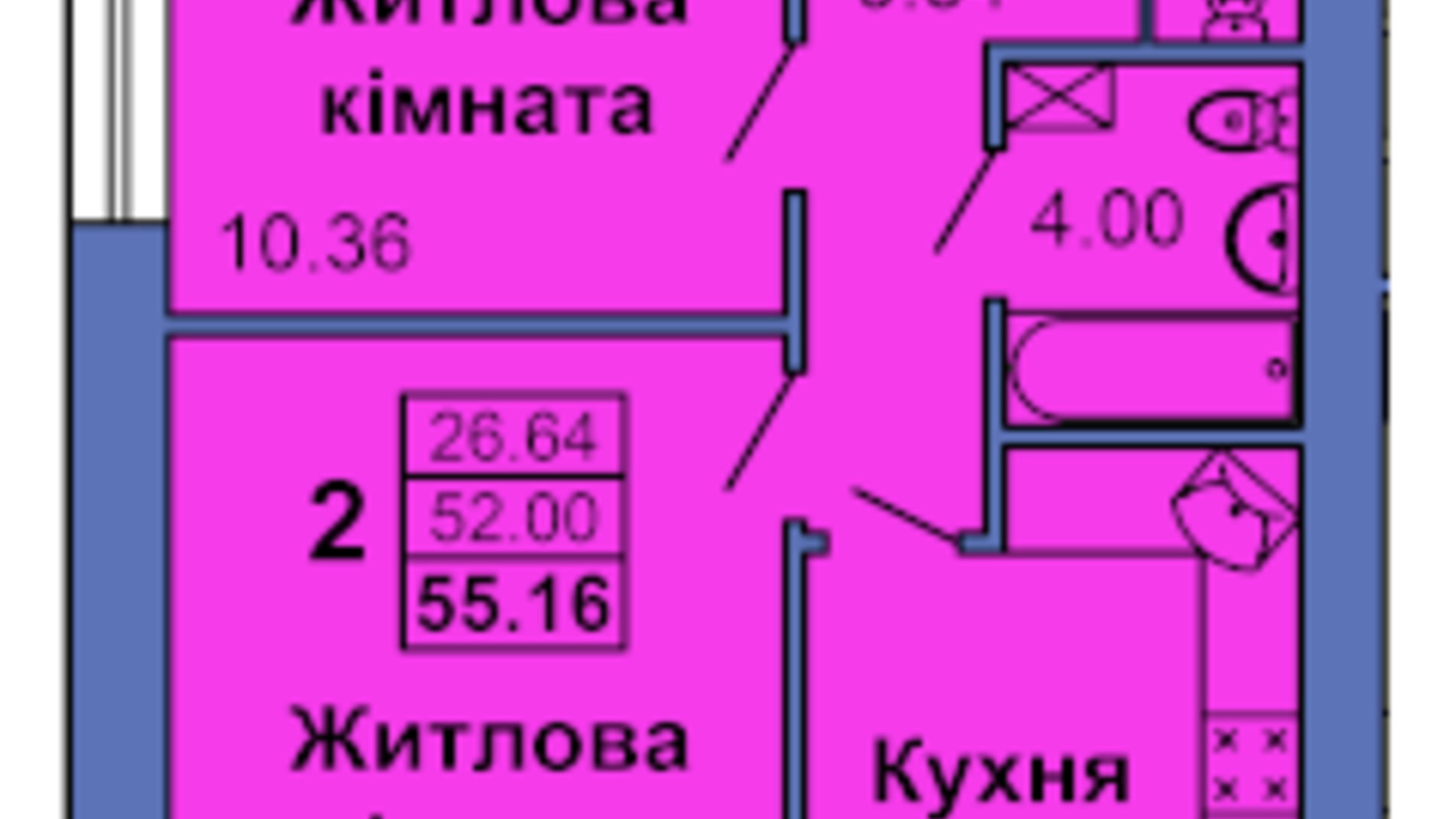 Планування 2-кімнатної квартири в ЖК вул. Героїв України, 6а 55.16 м², фото 319405