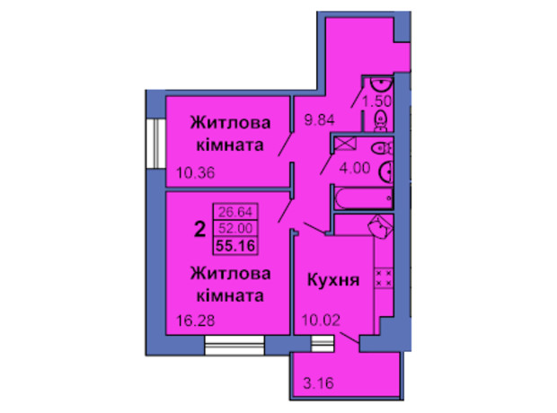 ЖК ул. Героев Сталинграда, 6а: планировка 2-комнатной квартиры 55.16 м²
