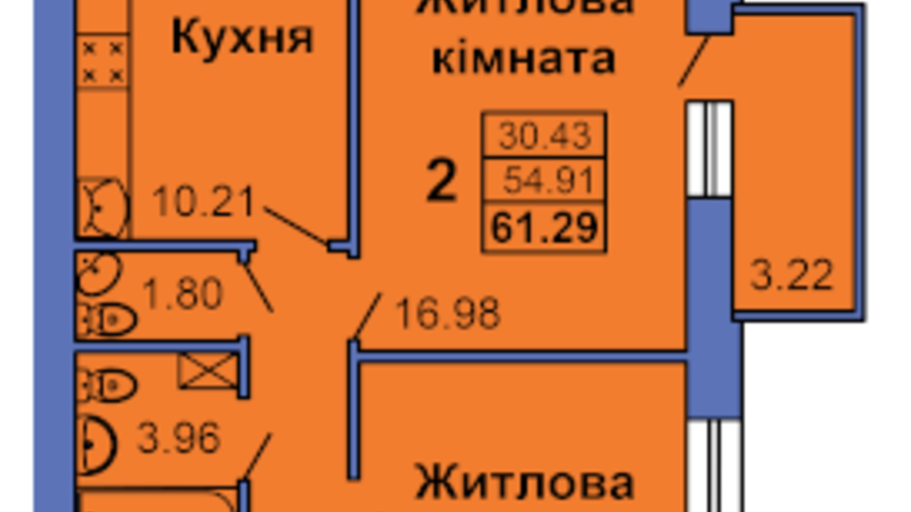 Планування 2-кімнатної квартири в ЖК вул. Героїв України, 6а 61.29 м², фото 319406