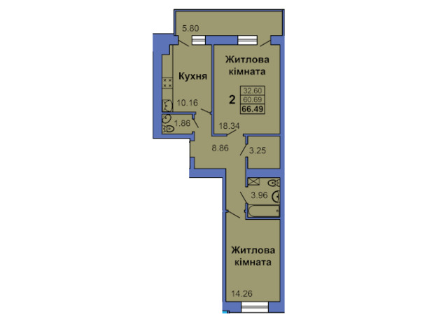 ЖК ул. Героев Украины, 6а: планировка 2-комнатной квартиры 66.49 м²