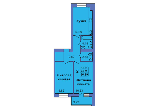 ЖК ул. Героев Украины, 6а: планировка 2-комнатной квартиры 66.99 м²