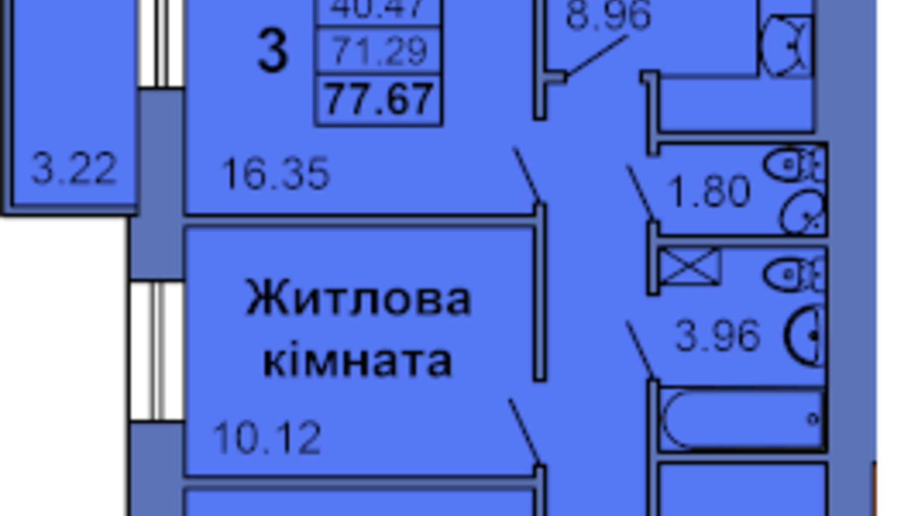 Планування 3-кімнатної квартири в ЖК вул. Героїв України, 6а 77.67 м², фото 319409