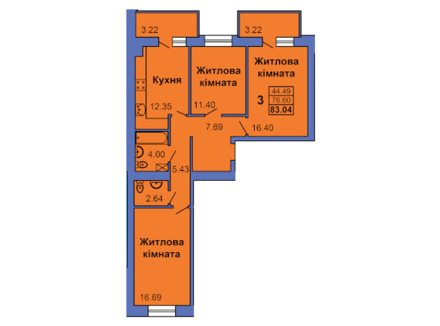 ЖК ул. Героев Сталинграда, 6а: планировка 3-комнатной квартиры 83.04 м²