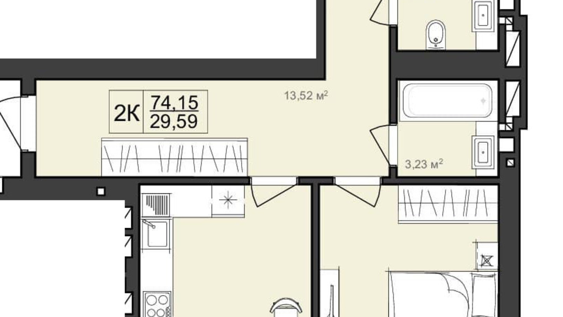 Планування 2-кімнатної квартири в ЖК Harmony Garden 74.15 м², фото 319658