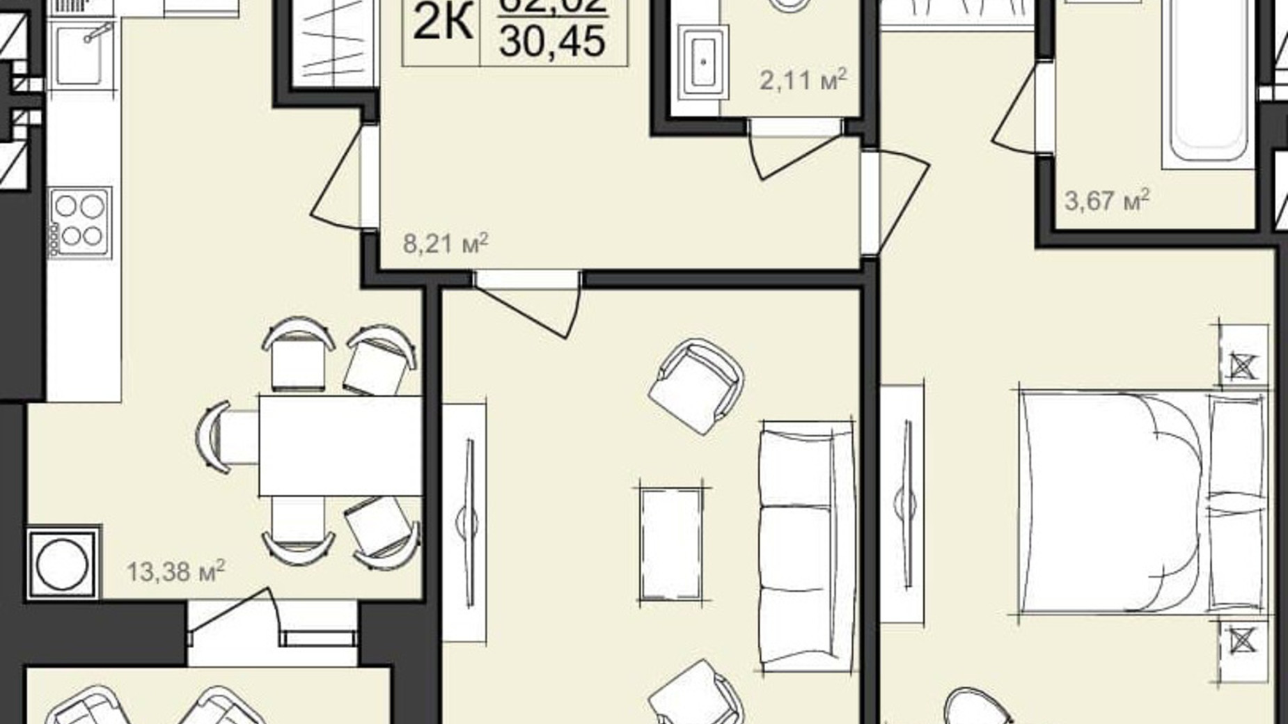 Планировка 2-комнатной квартиры в ЖК Harmony Garden 62.02 м², фото 319661