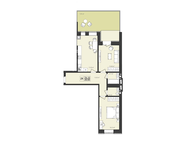 ЖК Harmony Garden: планировка 2-комнатной квартиры 73.73 м²