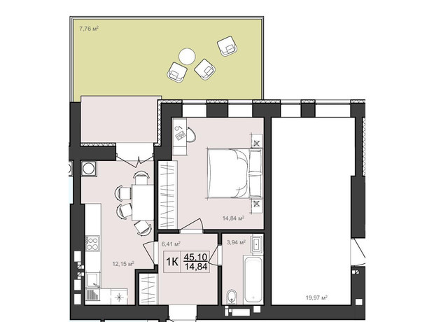 ЖК Harmony Garden: планировка 1-комнатной квартиры 45.1 м²