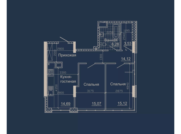 ЖК Небо: планировка 2-комнатной квартиры 71.79 м²