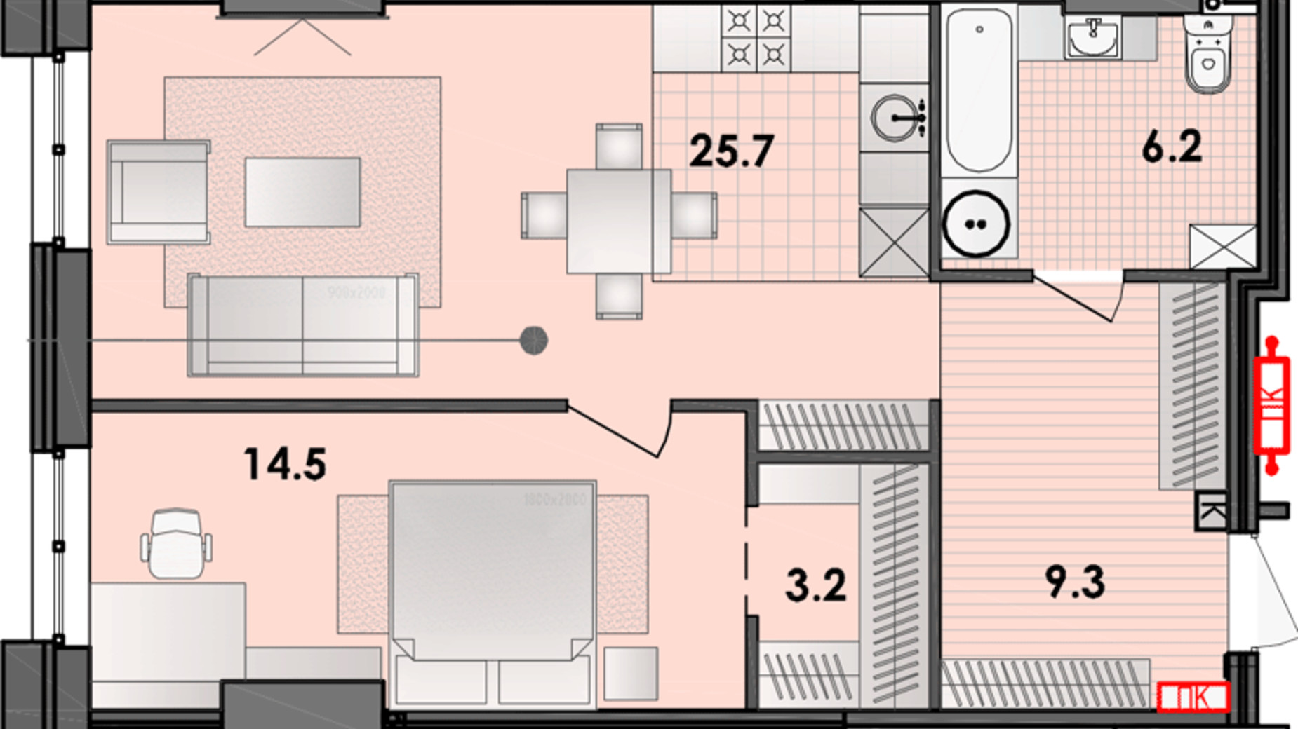Планування 3-кімнатної квартири в ЖК Respect Hall 60.2 м², фото 319855
