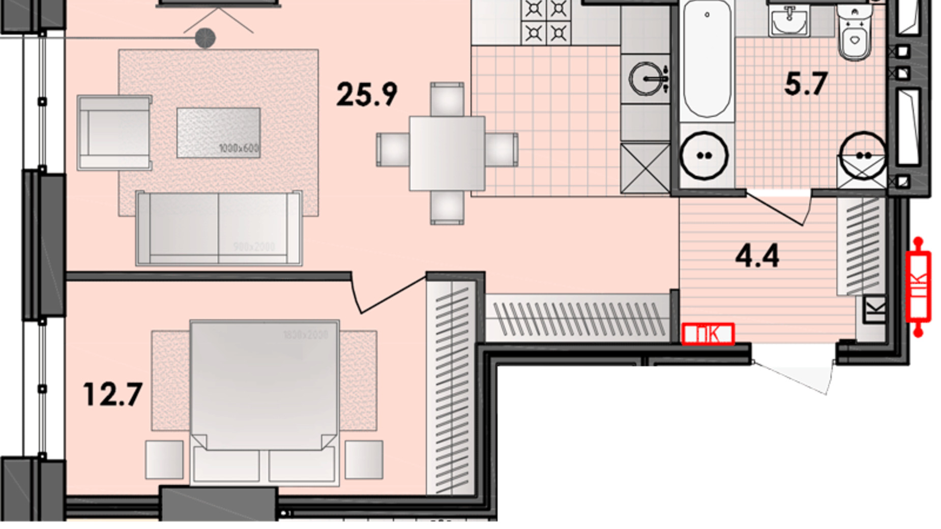 Планування 2-кімнатної квартири в ЖК Respect Hall 49.4 м², фото 319856