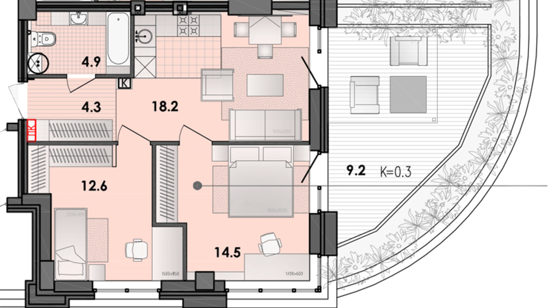 Планування 3-кімнатної квартири в ЖК Respect Hall 64.9 м², фото 319857