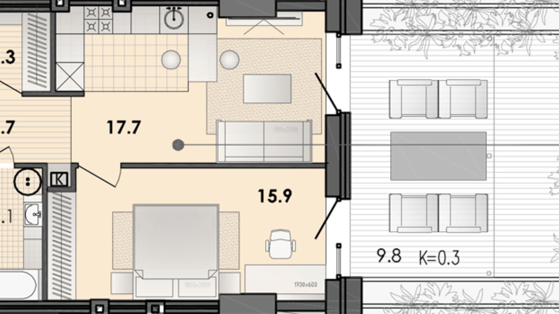 Планування 3-кімнатної квартири в ЖК Respect Hall 56.6 м², фото 319858