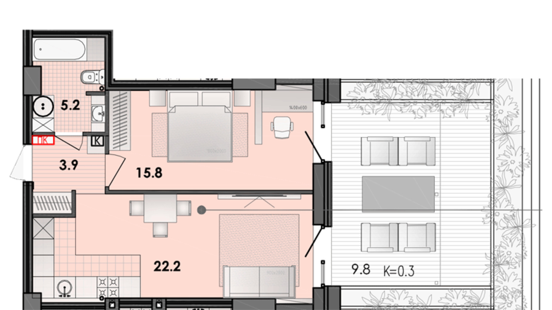 Планування 3-кімнатної квартири в ЖК Respect Hall 57.9 м², фото 319859