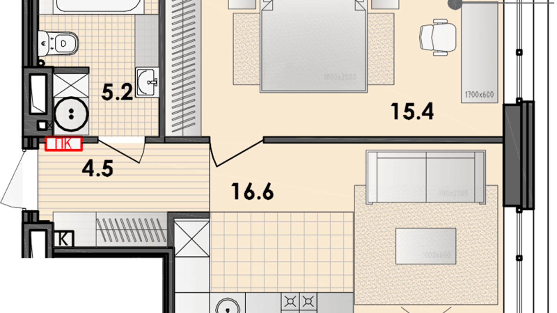 Планировка 1-комнатной квартиры в ЖК Respect Hall 42.1 м², фото 319866