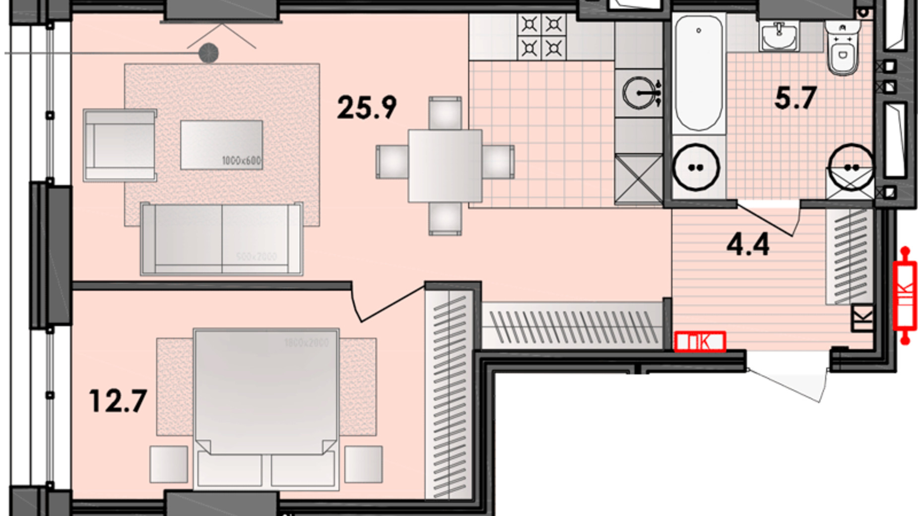 Планування 1-кімнатної квартири в ЖК Respect Hall 49.3 м², фото 319867