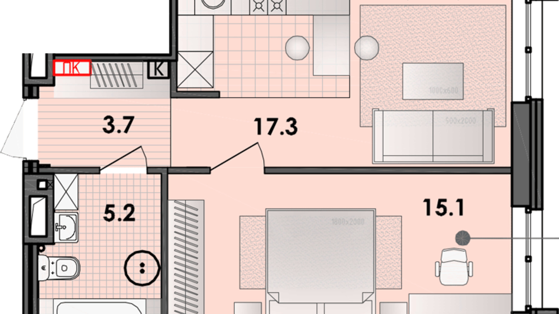 Планування 2-кімнатної квартири в ЖК Respect Hall 42 м², фото 319872