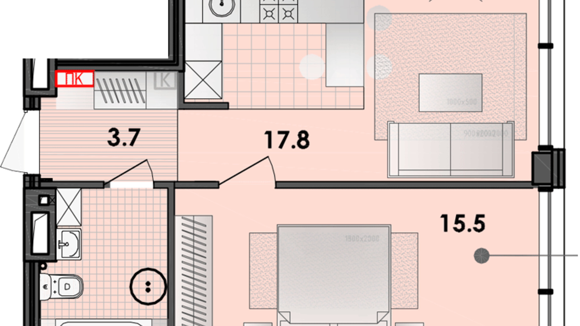 Планування 1-кімнатної квартири в ЖК Respect Hall 42.9 м², фото 319886