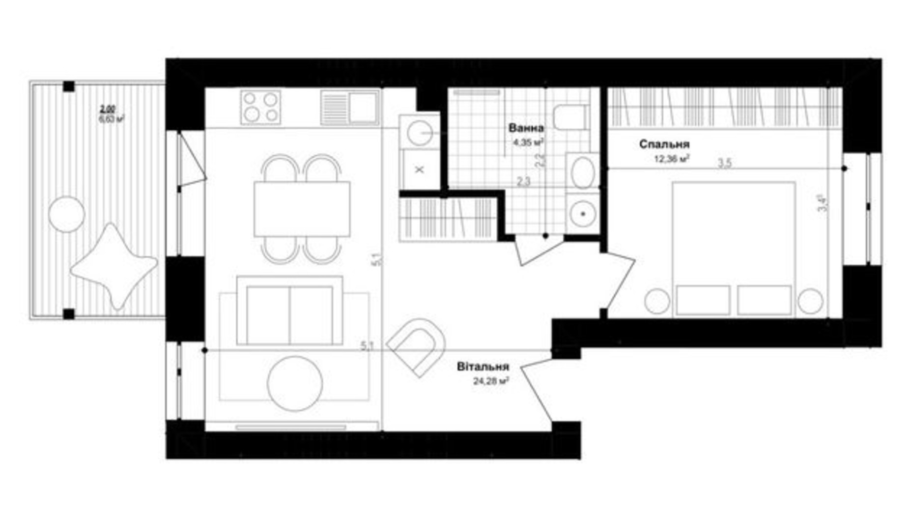Планування 2-кімнатної квартири в ЖК Smart & Green 42.99 м², фото 320052