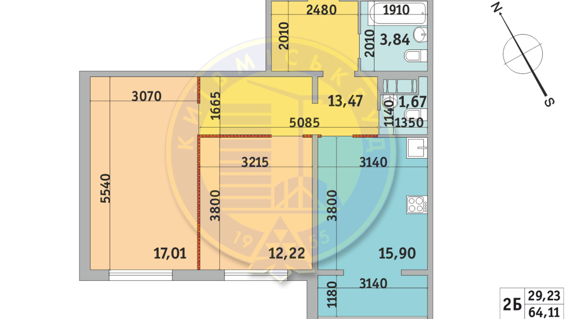 Планування 2-кімнатної квартири в ЖК Чарівне Місто 64.11 м², фото 320096