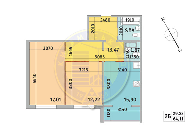 ЖК Чаривне Мисто: планировка 2-комнатной квартиры 64.11 м²