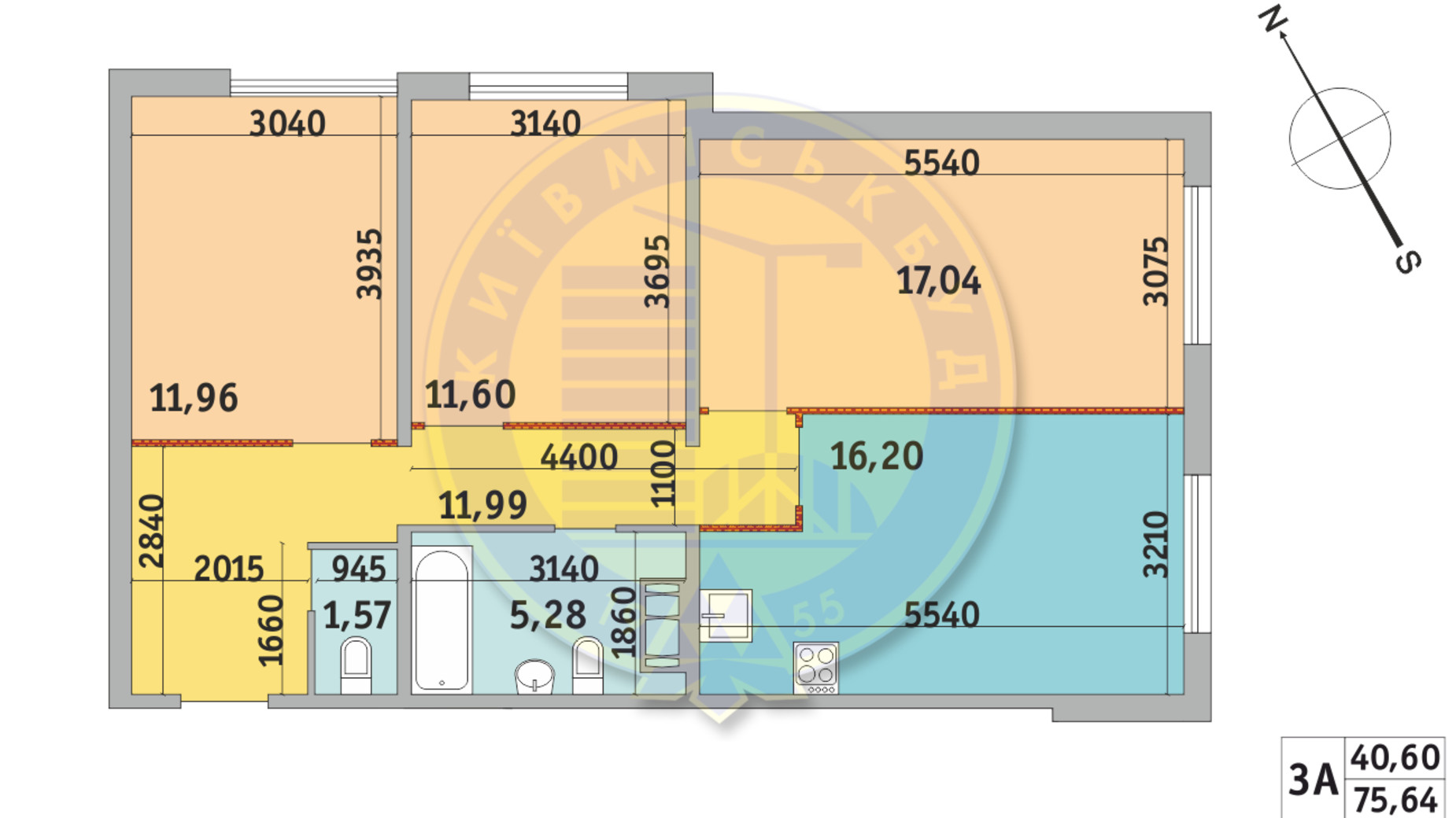 Планировка 3-комнатной квартиры в ЖК Чаривне Мисто 75.64 м², фото 320097