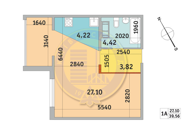 ЖК Чаривне Мисто: планировка 1-комнатной квартиры 39.56 м²