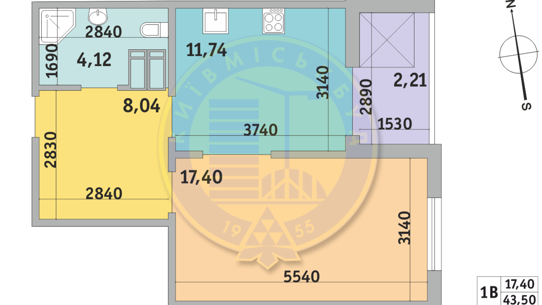 Планування 1-кімнатної квартири в ЖК Чарівне Місто 43.5 м², фото 320102