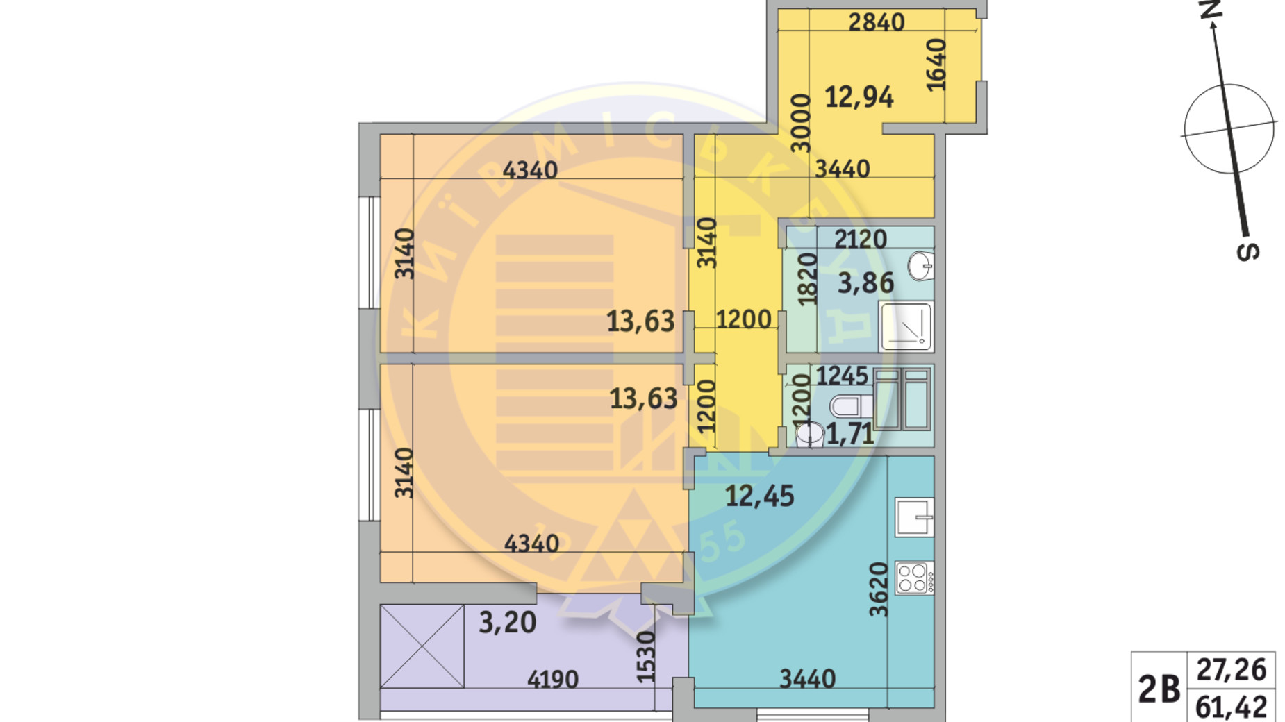 Планировка 2-комнатной квартиры в ЖК Чаривне Мисто 61.42 м², фото 320106