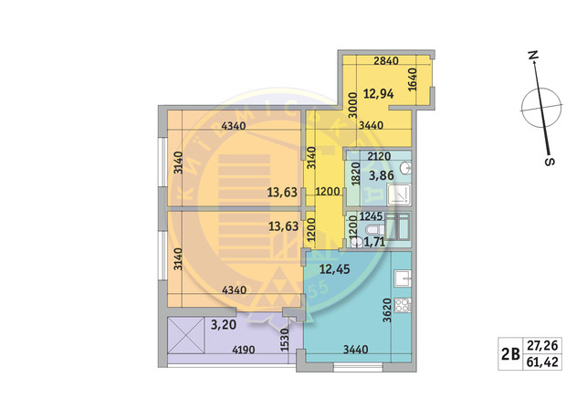 ЖК Чарівне Місто: планування 2-кімнатної квартири 61.42 м²
