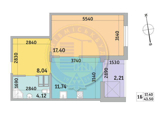 ЖК Чаривне Мисто: планировка 1-комнатной квартиры 43.5 м²