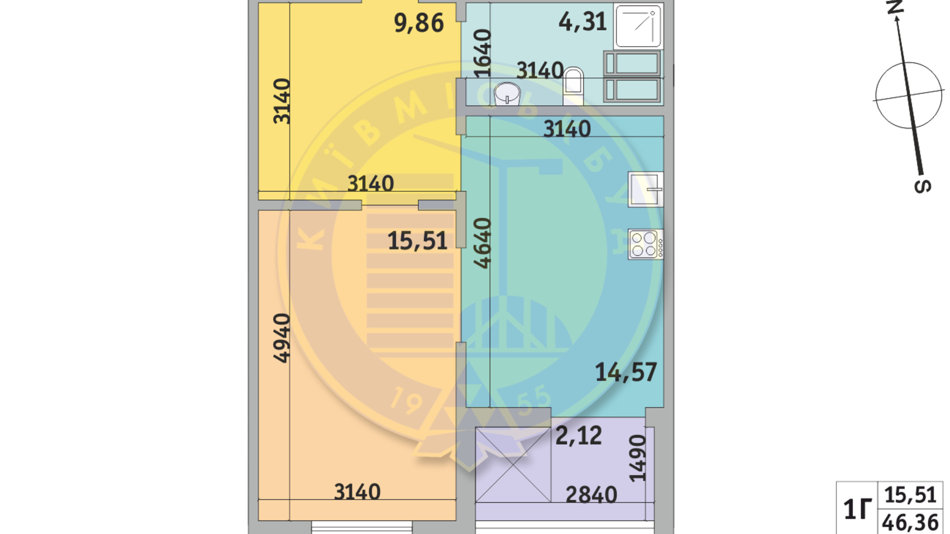 Планування 1-кімнатної квартири в ЖК Чарівне Місто 46.36 м², фото 320120