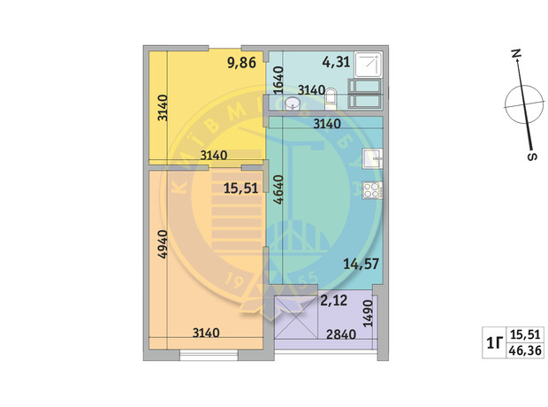 ЖК Чаривне Мисто: планировка 1-комнатной квартиры 46.36 м²