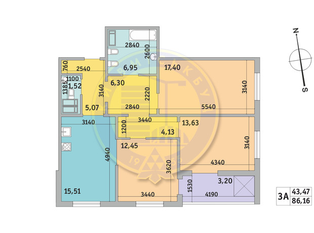 ЖК Чаривне Мисто: планировка 3-комнатной квартиры 86.16 м²