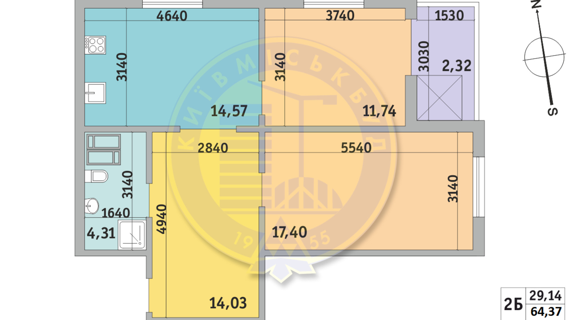 Планировка 2-комнатной квартиры в ЖК Чаривне Мисто 64.37 м², фото 320122