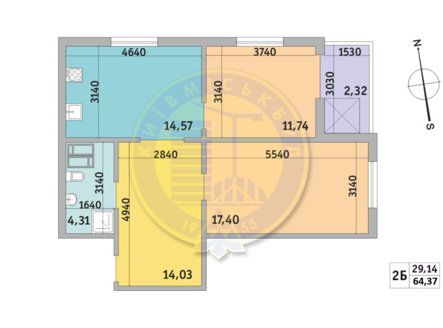 ЖК Чарівне Місто: планування 2-кімнатної квартири 64.37 м²