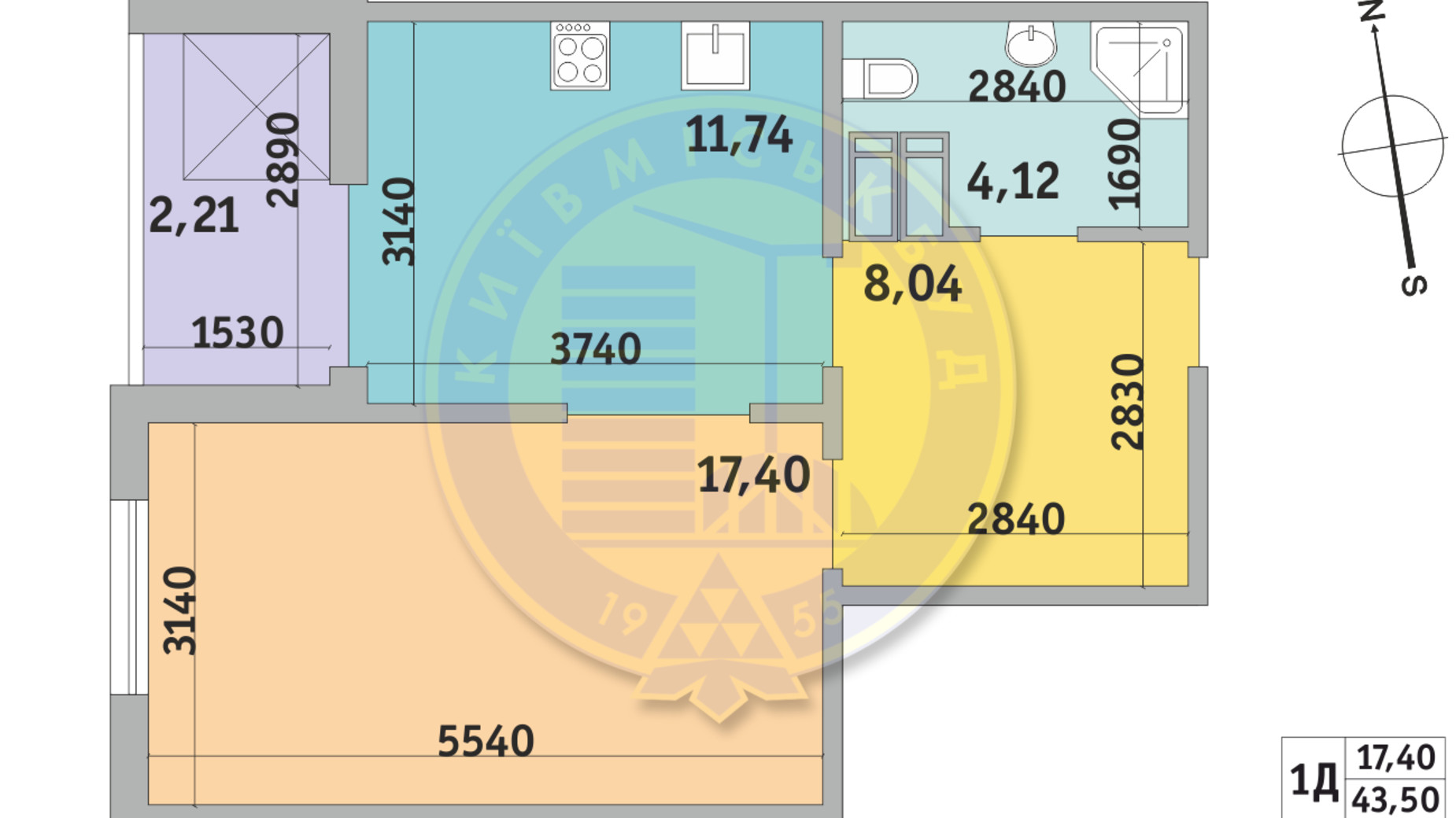 Планировка 1-комнатной квартиры в ЖК Чаривне Мисто 43.5 м², фото 320126
