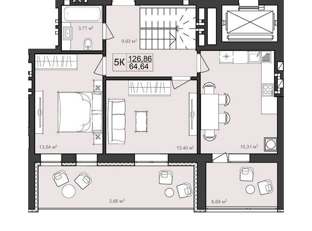 ЖК Harmony Garden: планування 5-кімнатної квартири 126.86 м²