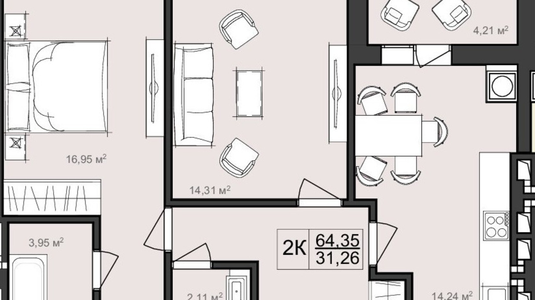 Планировка 2-комнатной квартиры в ЖК Harmony Garden 64.35 м², фото 320380