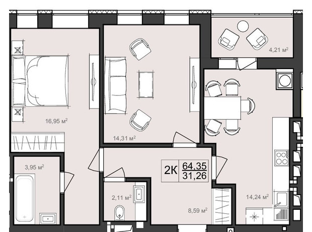 ЖК Harmony Garden: планування 2-кімнатної квартири 64.35 м²
