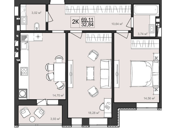 ЖК Harmony Garden: планування 2-кімнатної квартири 69.11 м²
