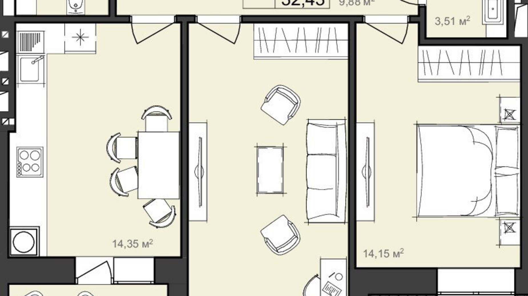 Планування 2-кімнатної квартири в ЖК Harmony Garden 67.1 м², фото 320384