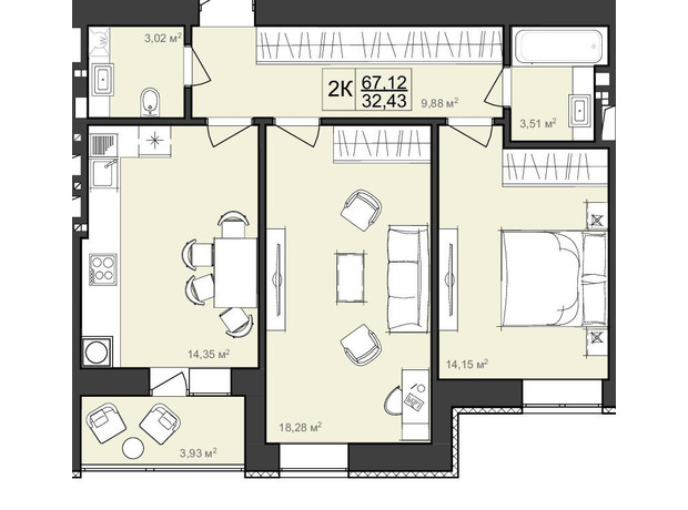 ЖК Harmony Garden: планировка 2-комнатной квартиры 67.1 м²