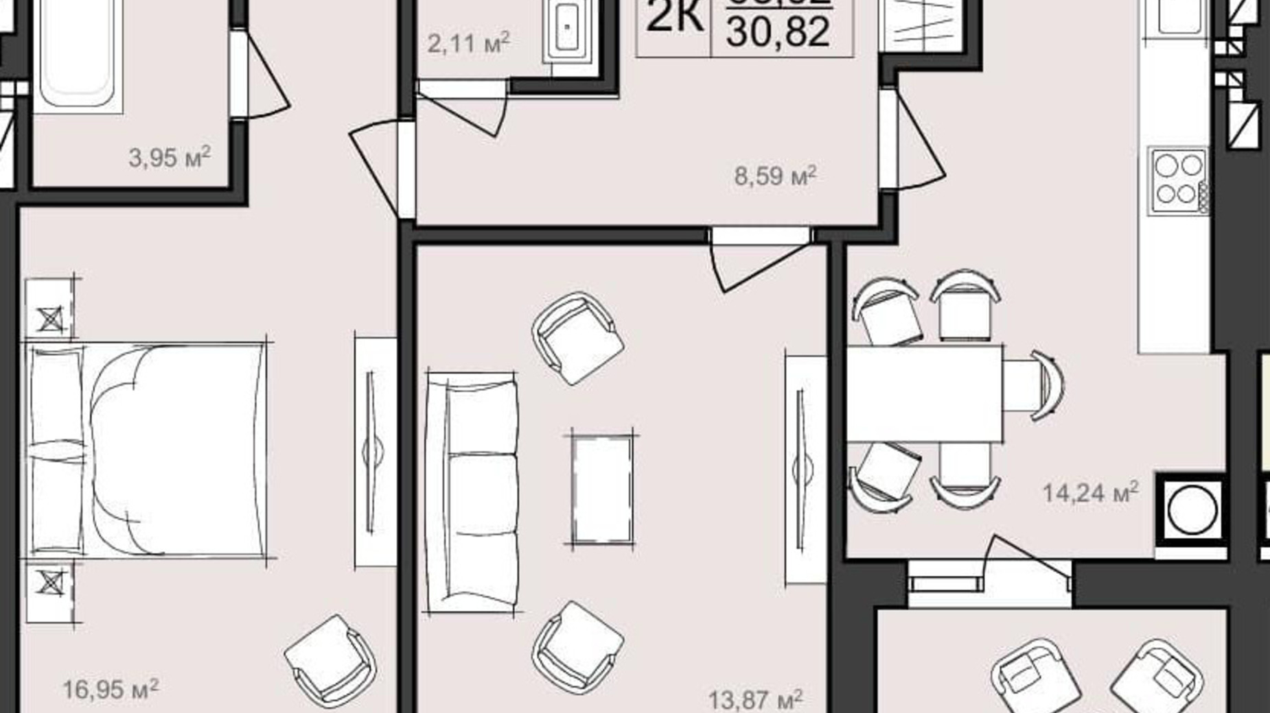 Планировка 2-комнатной квартиры в ЖК Harmony Garden 63.92 м², фото 320399