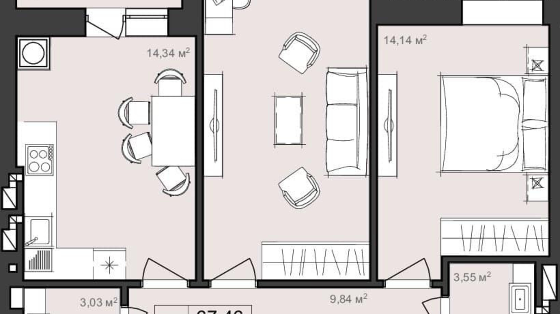 Планування 2-кімнатної квартири в ЖК Harmony Garden 67.46 м², фото 320400