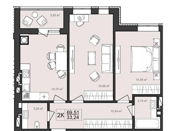 ЖК Harmony Garden: планування 2-кімнатної квартири 69.51 м²