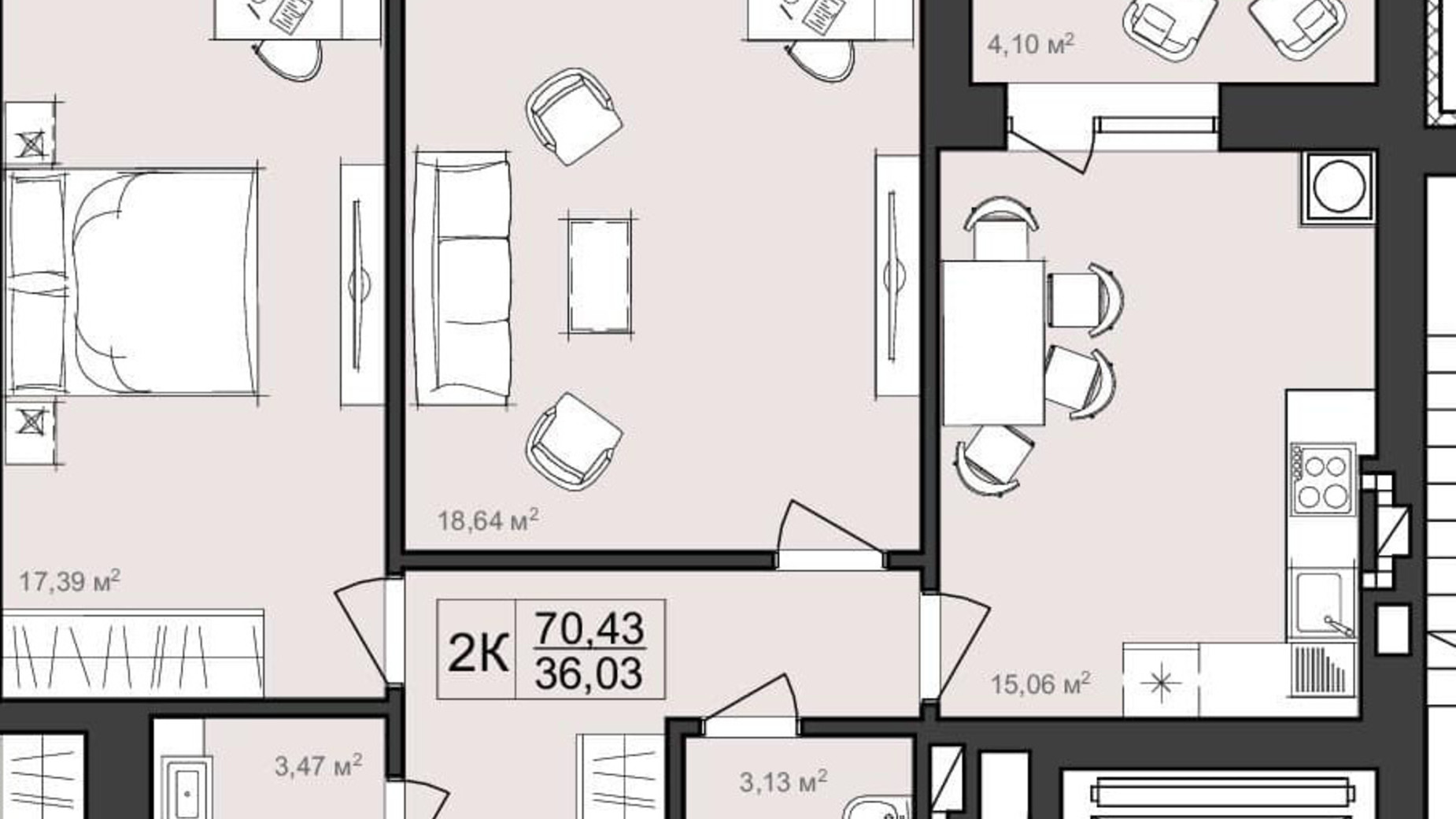 Планування 2-кімнатної квартири в ЖК Harmony Garden 70.43 м², фото 320402
